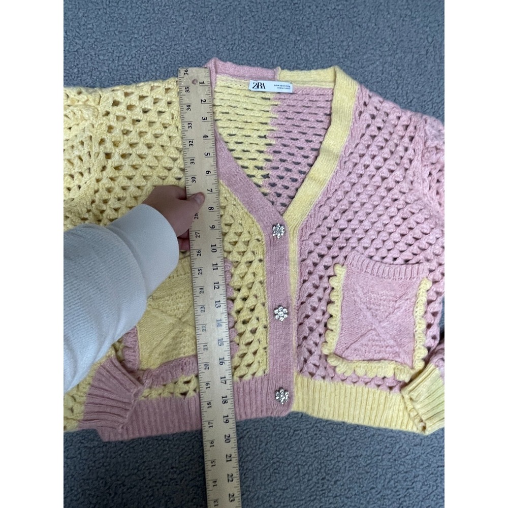 Zara Womens Cropped Chunky Knit Button Cardigan pink yellow medium - Picture 4 of 8